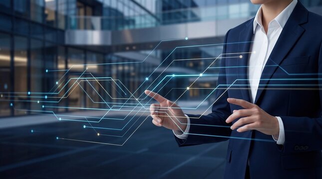 Businessman in suit interacting with futuristic holographic interface, digital network lines, data connection concept, modern corporate technology background, innovation and com...