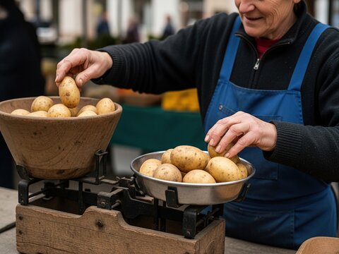 A vendor in a blue apron weighs fresh potatoes on a vintage wooden and metal scale at an outdoor market.