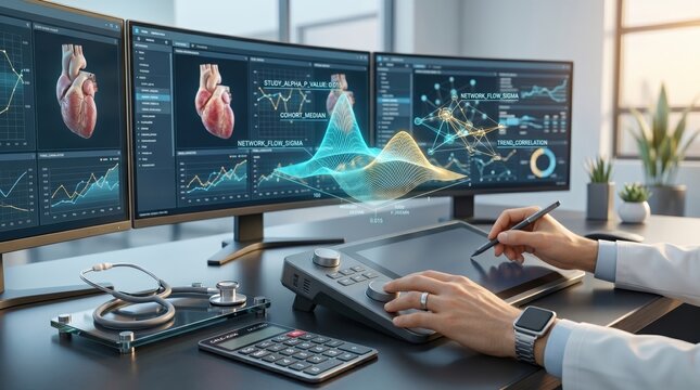 Doctor analyzing cardiac data on multi-monitor setup with holographic 3D heart model and network flow graphs in modern digital hospital office.