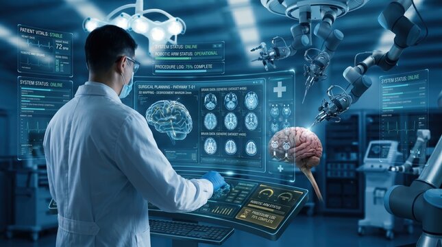 Surgeon performing advanced neurosurgery with robotic arm assistance and holographic brain imaging display in high tech operating room.
