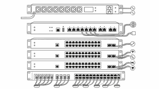 Vector Icons Technical line drawing of network server rack equipment and connectivity hardware. EPS Editable