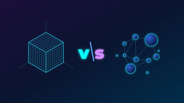 Blockchain versus directed acyclic graph technology comparison concept with grid cube and node network illustration