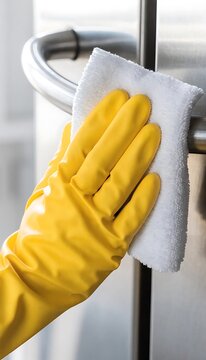 Person cleaning stainless steel surface. Hand in yellow rubber glove wiping kitchen appliance.