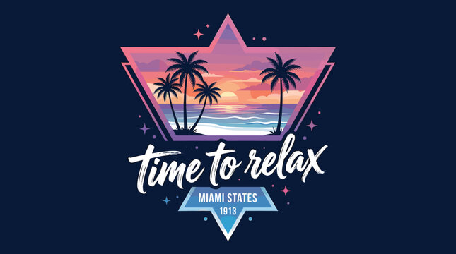 Retro tropical sunset vector illustration, palm trees beach landscape with Time to Relax text, vintage Miami States 1913 summer vacation badge