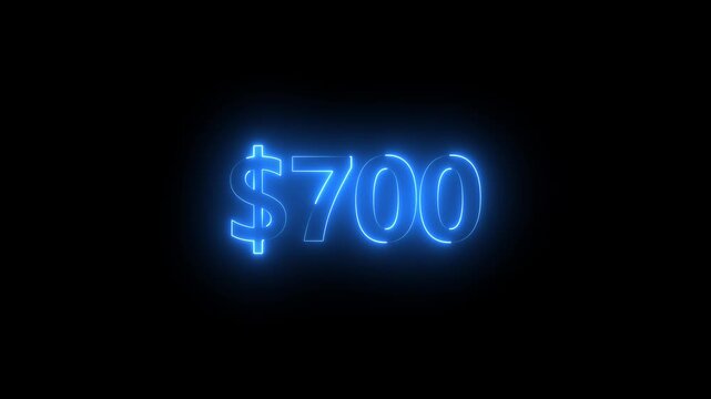 Glowing Blue Neon 700 Dollars Price Tag Sign Animation Loop Seven Hundred USD Currency Symbol Isolated on Black Background Motion Graphic