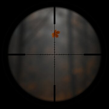 reticle. Sharp crosshair reticle in focus with blurred falling autumn leaf, high contrast. representing seasonal cycles and harvest abundance.