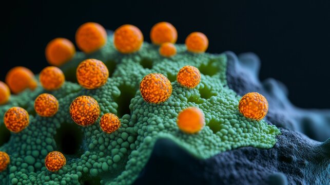 Microscopic view of orange spheres on a textured green surface.