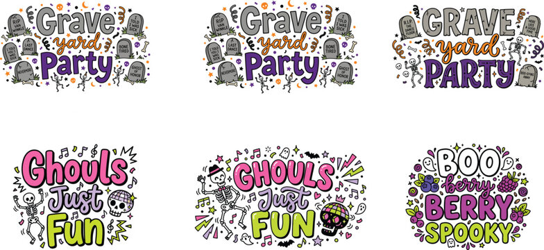 Fun halloween typography set featuring graveyard party and spooky berry themes with skeletons, skulls, and tombstones on white background
