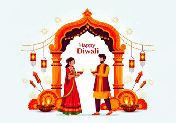 Vector flat design illustration of a happy Diwali celebration with a couple holding diyas under an ornate archway © denigraphic
