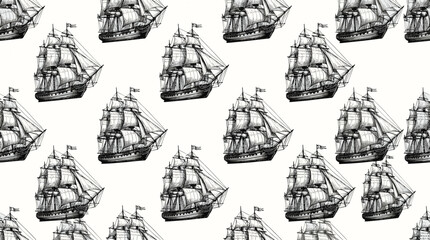 Vintage sailing ship seamless pattern, antique nautical vessel engraving background, black and white maritime sailboat vector wallpaper © DesignAura