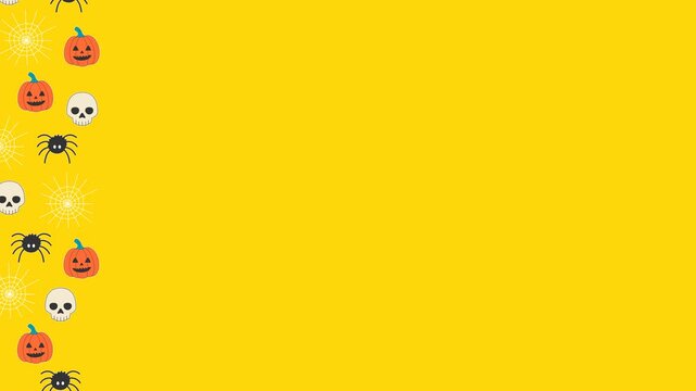 Seamless looping background animation of swaying spooky Halloween side elements like jack o lantern and spider web with wide vibrant yellow text copy space area. Flat style concept design