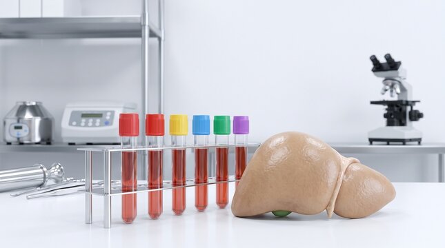 Human Liver Model with Blood Collection Tubes in Medical Science Laboratory