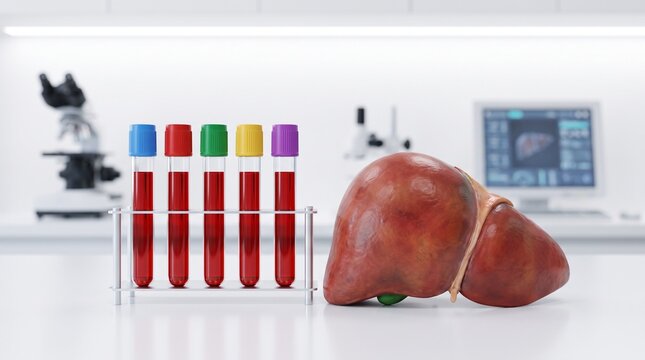 Anatomical human liver model with blood sample tubes in a medical laboratory