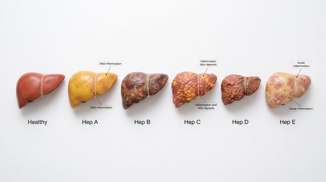 Comparative Anatomical Illustration of a Healthy Human Liver and Livers Affected by Various Types of Hepatitis
