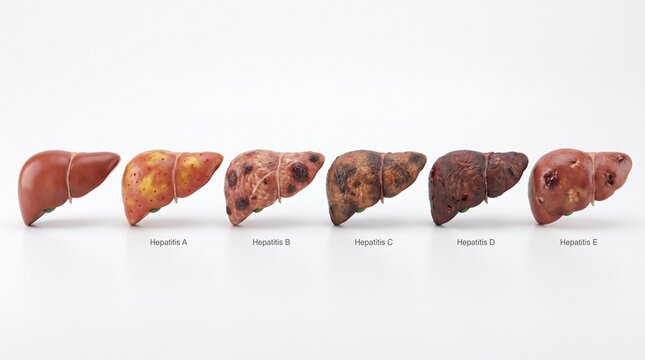Progression of human liver models showing healthy state and different stages of hepatitis