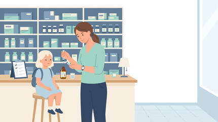 Fototapeta premium Mother giving medicine to child at pharmacy counter, healthcare concept