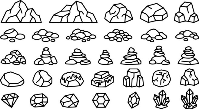 rocks.  geology mountain pebble, stone gravel, rocks pile, game design rocks isolated vector illustration icons set. Small and big treasure elements for decoration