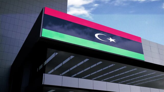 Libya Flag on Building with Sky in Background