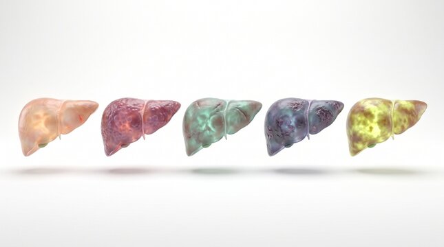 Visual representation of a progression of liver health, from healthy to diseased states