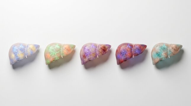 Row of five artistic human liver models with vibrant patterns and textures representing organ health or disease on white background