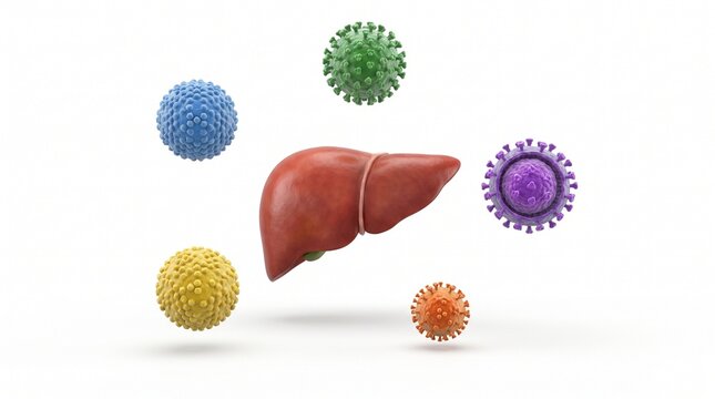 Conceptual 3D illustration of a human liver organ surrounded by diverse virus particles, symbolizing the critical impact of viral infections on hepatic health, disease, and medical research