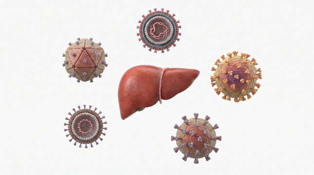 Human Liver Surrounded by Various Viral Particles and Pathogens for Medical Research Study