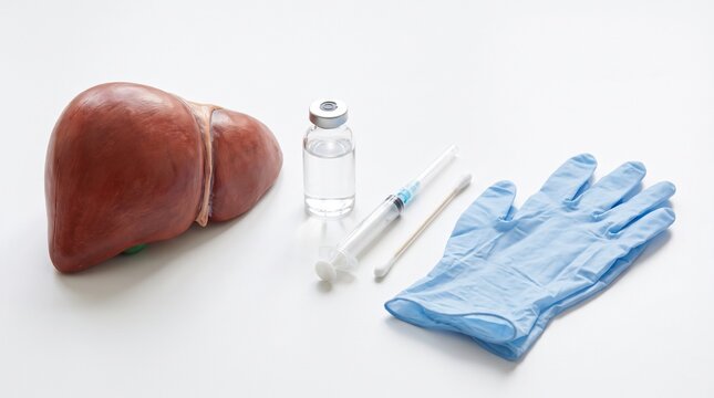 Medical Examination of Human Liver Model with Vaccination Supplies and Protective Gloves on White Surface