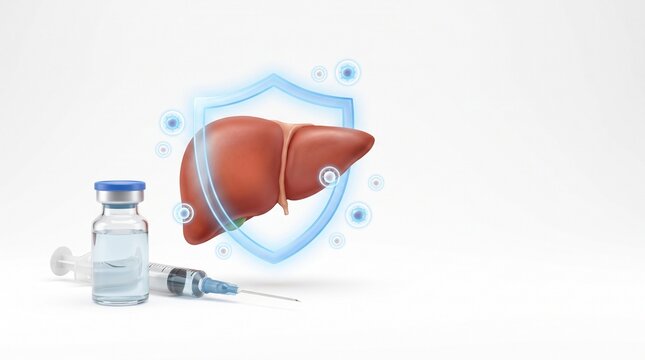 Protecting liver health a medical illustration of a shielded liver, syringe, and vial symbolizing healthcare and treatments