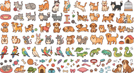 Fototapeta premium Vector domestic pet icon collection bundle featuring cute cartoon cats, playful puppies, small rodents, parrots, reptiles, and pet store care supplies elements.