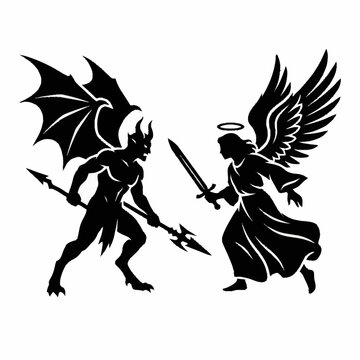 Angel and devil fighting swords.