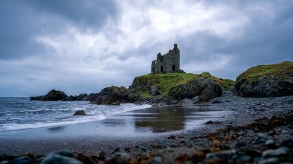 Fototapeta premium Ancient shore ruins under stormy skies. Artificial intelligence image