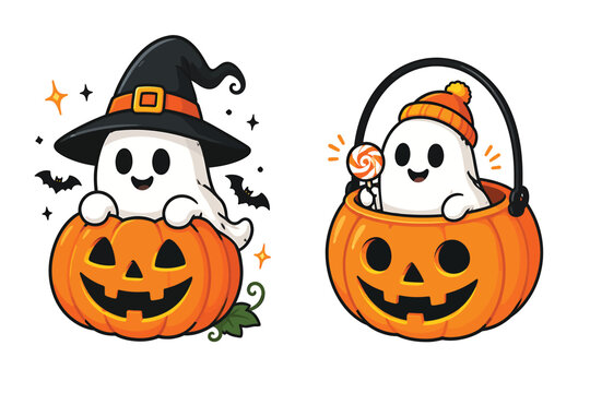 Cute little ghosts sitting inside jack o lantern pumpkins wearing witch and winter hats with halloween jackolantern character illustration lollipop celebration childish whimsical collection
