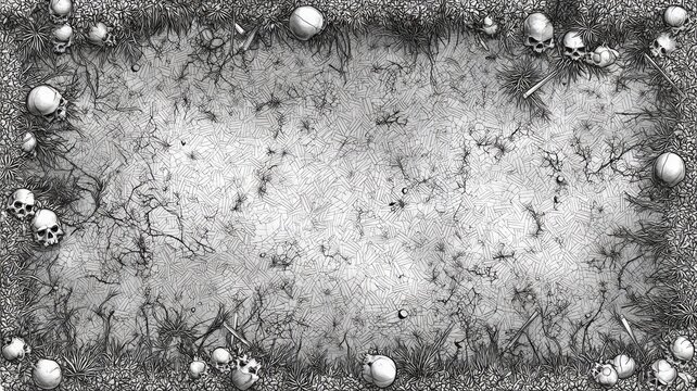 Eerie skull-laden terrain with crosses and stones. Artificial intelligence image
