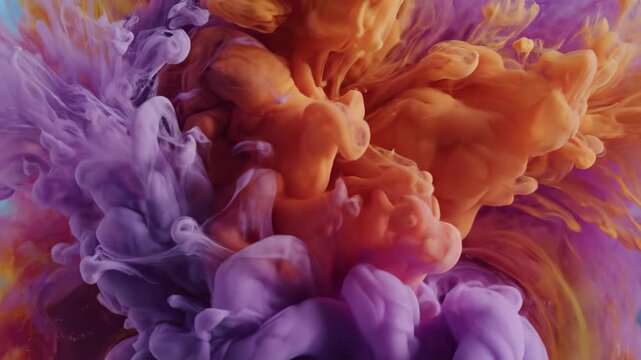 Lavender and Orange Ink Clouds Expanding Aggressively in Fluid Macro Environment with Deep Subsurface Bleed Lighting