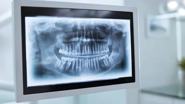 A dental x-ray image clipped neatly onto a lightbox surrounded by white walls and clean surfaces.
