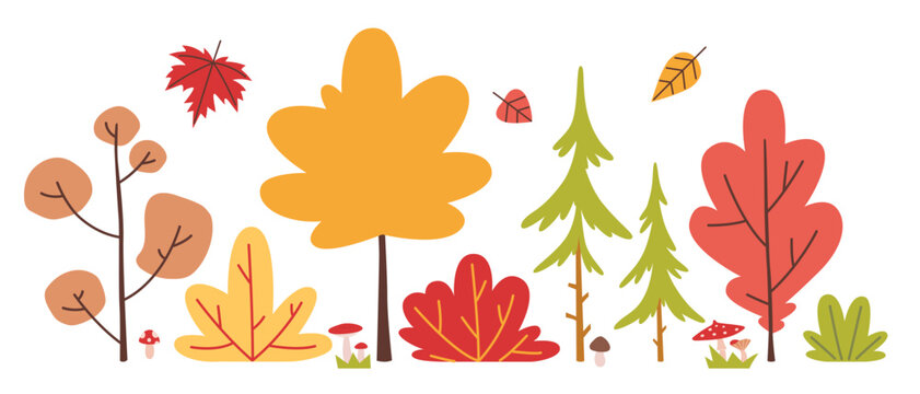 Autumn landscape elements with colorful trees, bushes, mushrooms and falling leaves. Flat vector collection for seasonal nature scenes and woodland illustrations