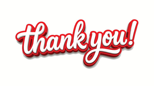 Red 3D thank you text effect, cursive script lettering on white background, modern gratitude typography for greeting cards and social media marketing