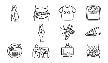 Fototapeta premium Obesity and overweight line icons set with fat body shapes and weight scale linear vector symbols