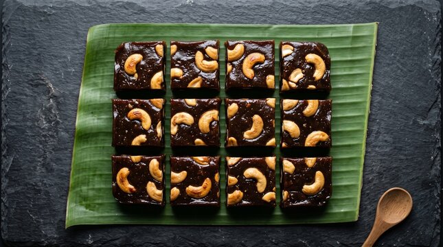 Traditional Sri Lankan kalu dodol fudge pieces on banana leaf