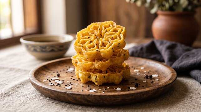 Stack of traditional Sri Lankan Kokis (crispy fried snack) on a rustic wooden platter