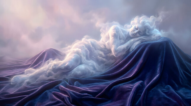 Cloud woman figure reclining on purple fabric