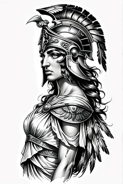 A sketch for tattooing a female warrior with a helmet in the style of antiquity. Armor details, helmet feathers, curly hair. High detail, contrasting shadows. Suitable for subjects of history, mytholo