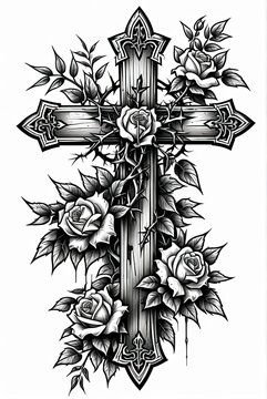 A sketch for tattooing a cross entwined with roses and thorns. Detailed drawing in the style of tattoo art. Gothic ornament, flowers, leaves. Perfect for tattoos, designs, prints.