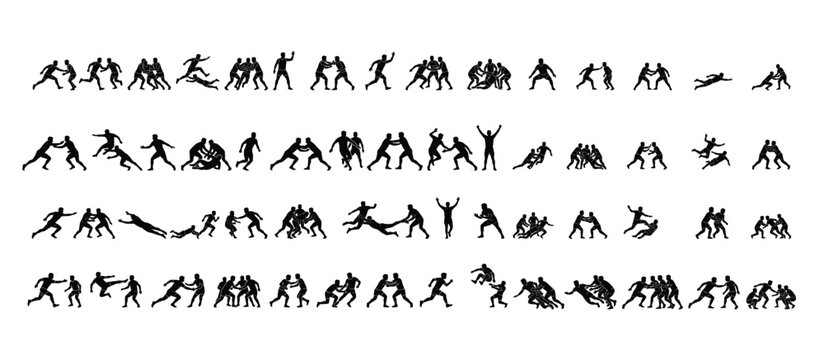Kabaddi Player Action Silhouette Icons Collection Vector Sports Poses  Tackling  Running  Defending and Championship Elements