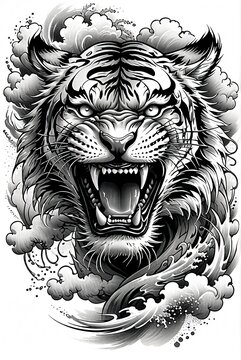 A sketch for an aggressive tiger tattoo. Japanese tattoo style, smoke and water. Monochrome color scheme, high detail. Tattoo art style, graphics.