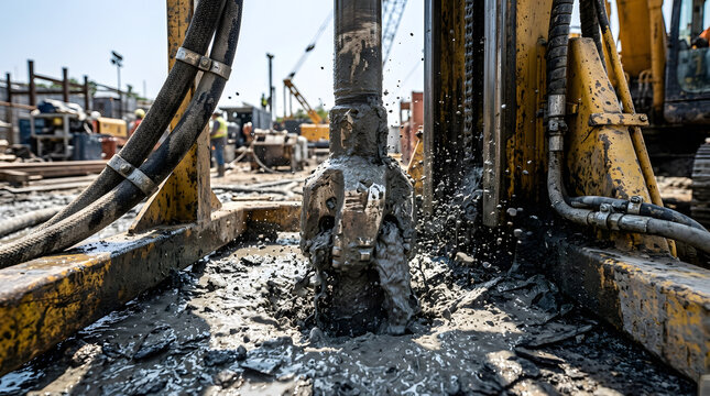 industrial drill bit boring through wet mud | deep foundation drilling rig at construction site | heavy machinery for groundwater well installation | geotechnical engineering soil sampling equipment