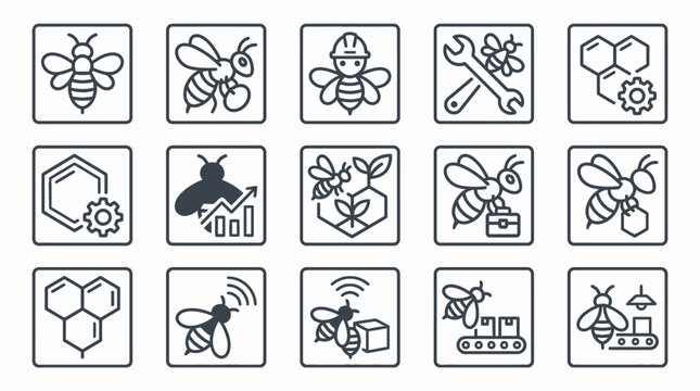 Industrial and technology bee icons in square frames.