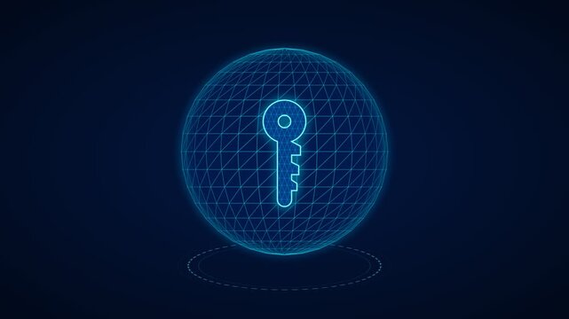 Glowing digital key icon inside wireframe globe representing cybersecurity, data encryption and access control