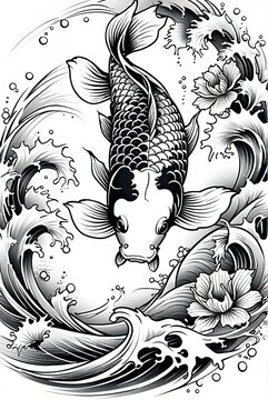 Japanese-style koi carp tattoo design. Waves, hibiscus flowers, bubbles. Detailed scales. Tattoo art style, graphics.