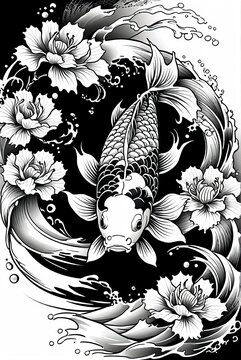 Japanese-style koi carp tattoo design. Waves, hibiscus flowers, bubbles. Detailed scales. Tattoo art style, graphics.